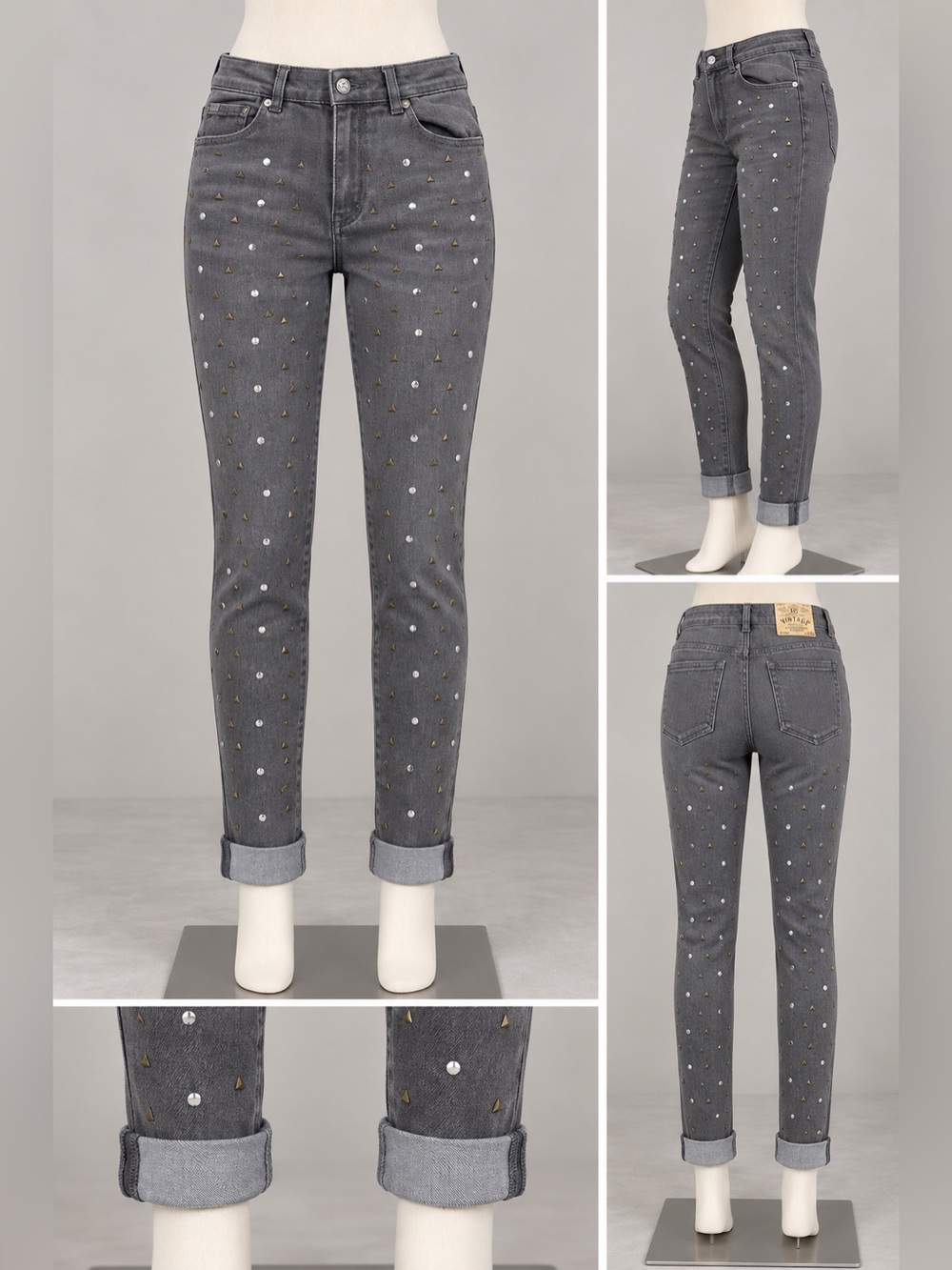 Reproduction Clothing Vintage Gray Studded Skinny Jeans Size 10 NWT